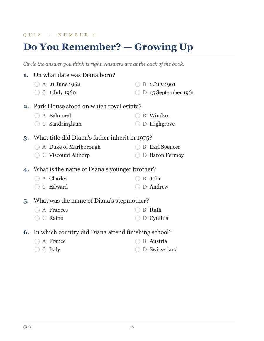A quiz page with six multiple-choice questions about the wedding
